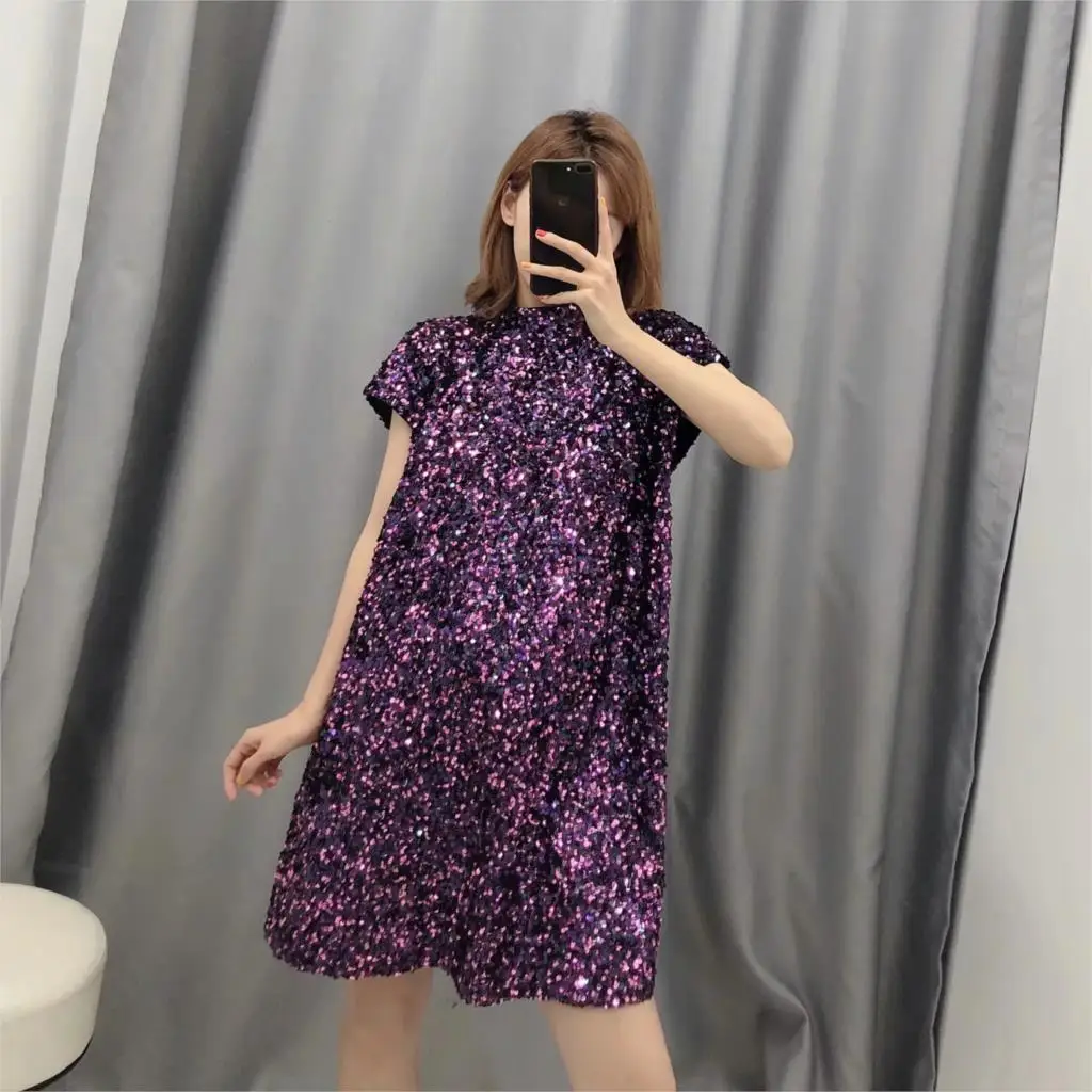 Новое Фиолетовое Женское платье с коротким рукавом блестками прямое