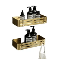 brushed gold aluminum bathroom hardware shelf with hooks shower gel rack shampoo caddy holder wall mounted nail punched basket