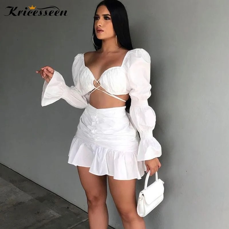 

Kricesseen Sexy Solid Two Pieces Skirt Set Women New Lantern Sleeve Lace Up Top And Ruched Mini Skirt Suits Clubwear Outfits