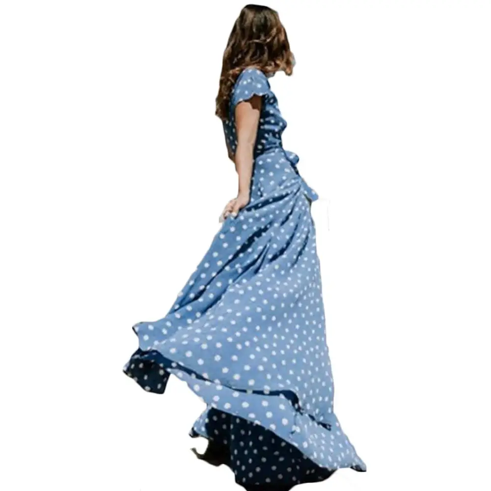 Женское праздничное платье в горошек Красное Платье макси с поясом и длинным