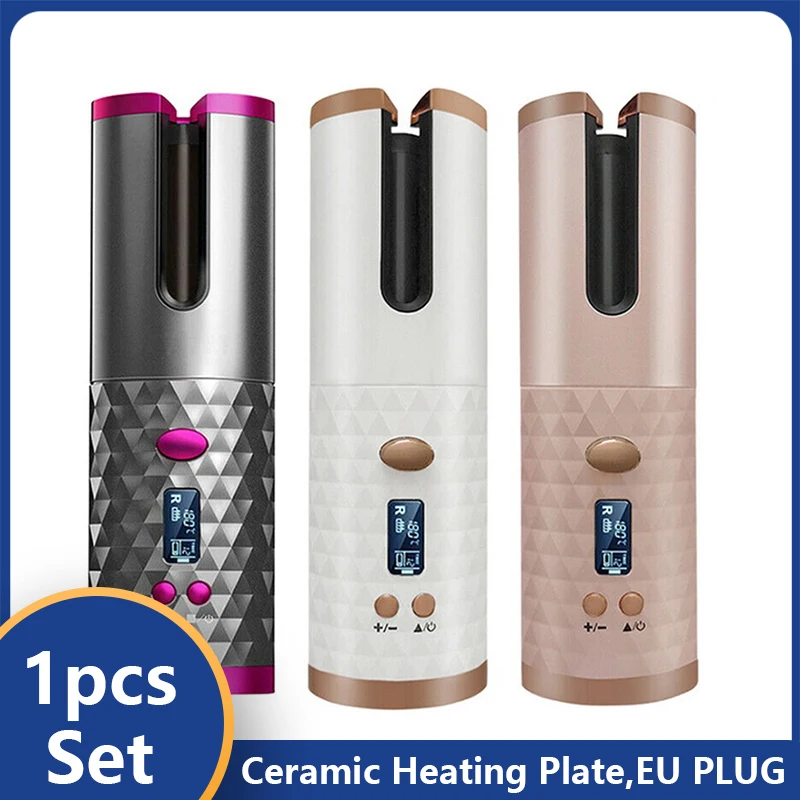 

USB Rechargeable Automatic Curling Iron LED Display Temperature Wave Curler Unbound Cordless Auto Rotating Ceramic Hair Curler