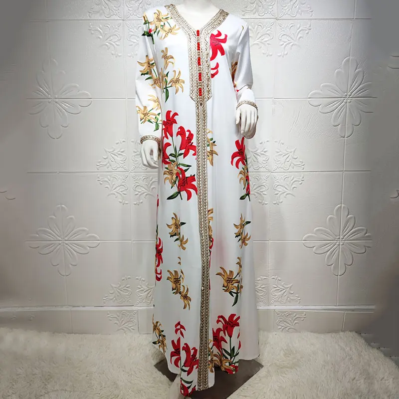 Women's Long Muslim Dress Abaya Dubai Turkey Hijab 2021 Long Sleeve Print Islamic Modest Traditional Arabic Evening Saudi Robe