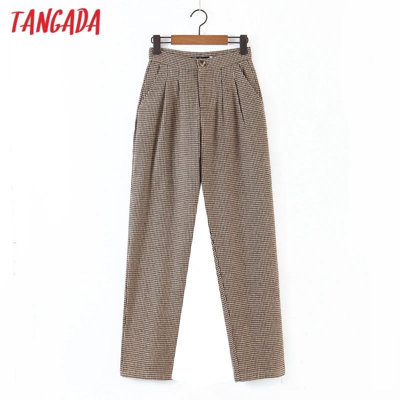 

Tangada 2021 winter fashion women plaid pattern wool suit pants trousers pockets buttons casual pants pantalon DZ03
