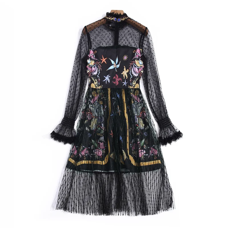 

Designer High Fashion Design Sexy Spring Summer New Women'S Diamond Beading Mesh Patchwork Bell Sleeve Party Elegant Chic Dress