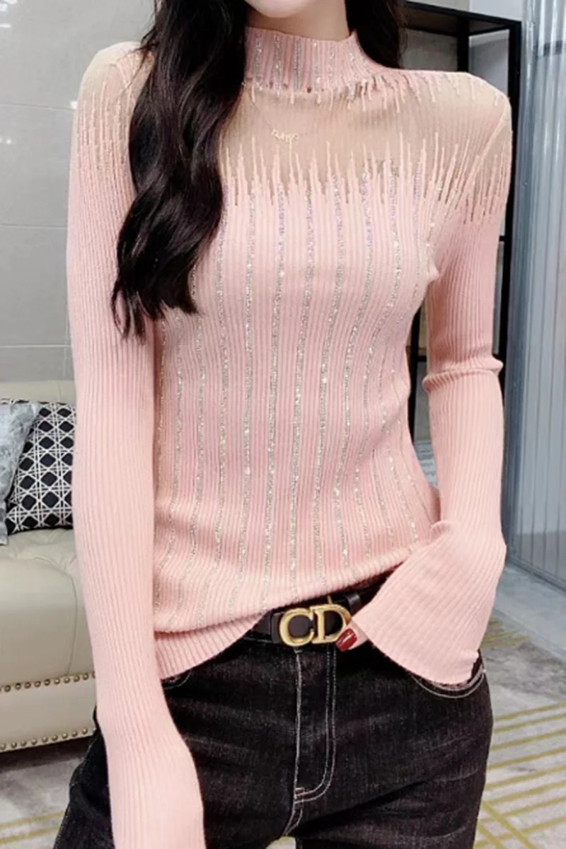 

Women's Long Sleeve Sweater Hollow-out Rhinestone Knitted Sweater Turtleneck Mesh Knitted Shirt 2020 Autumn Winter Knit Sweaters