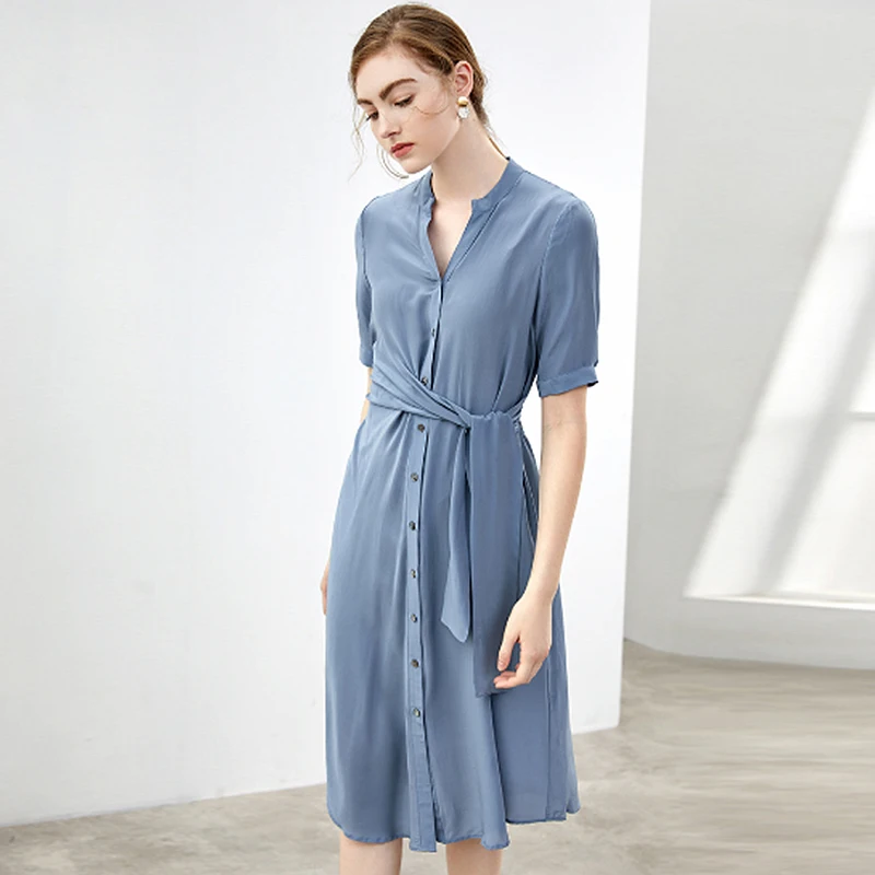 100% шелковое платье для женщин однотонное с поясом и пряжкой v-образный вырез