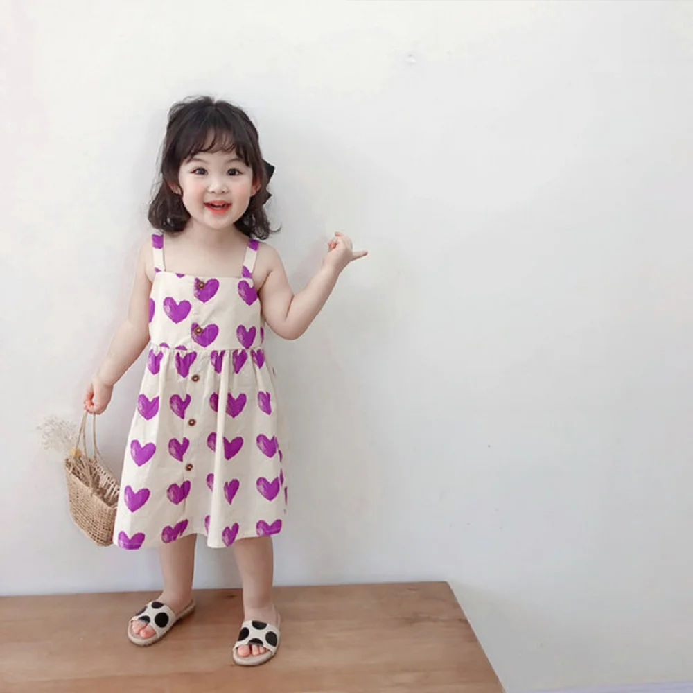

Summer New Style Baby Girls Fairy Suspender Dress Princess Girls Heart Pattern Casual Cotton Sleeves Sling Dresses
