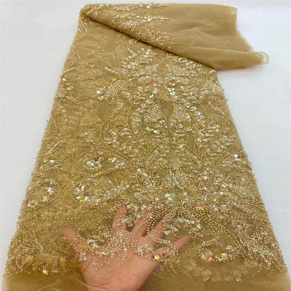 

Luxury Sequin Embroidery French Mesh Lace Latest African Laces Handmade Beaded Brown Dress Tulle Net Lace Fabric