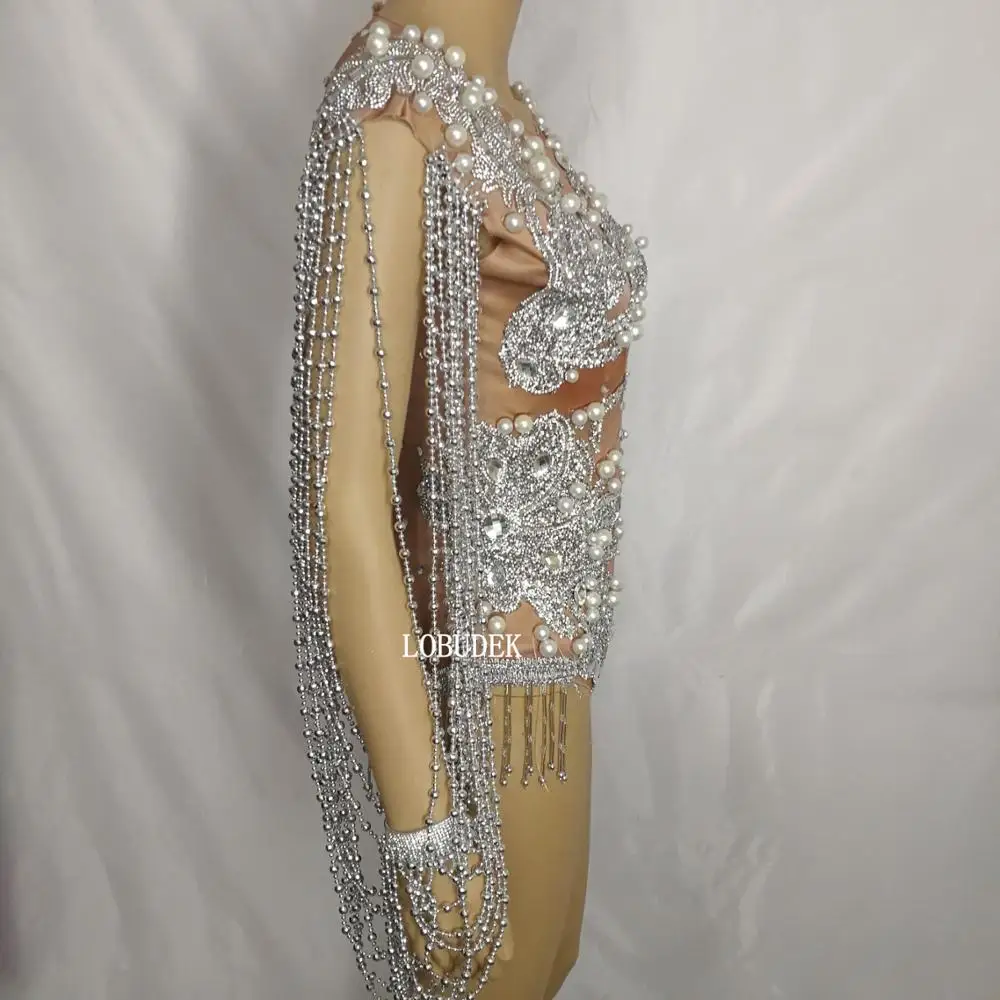 Silver Rhinestones Pearl Bodysuit Beading Sleeve Fashion Women Singer Dancer DJ Concert Stage Wear Birthday Party Dance Costume