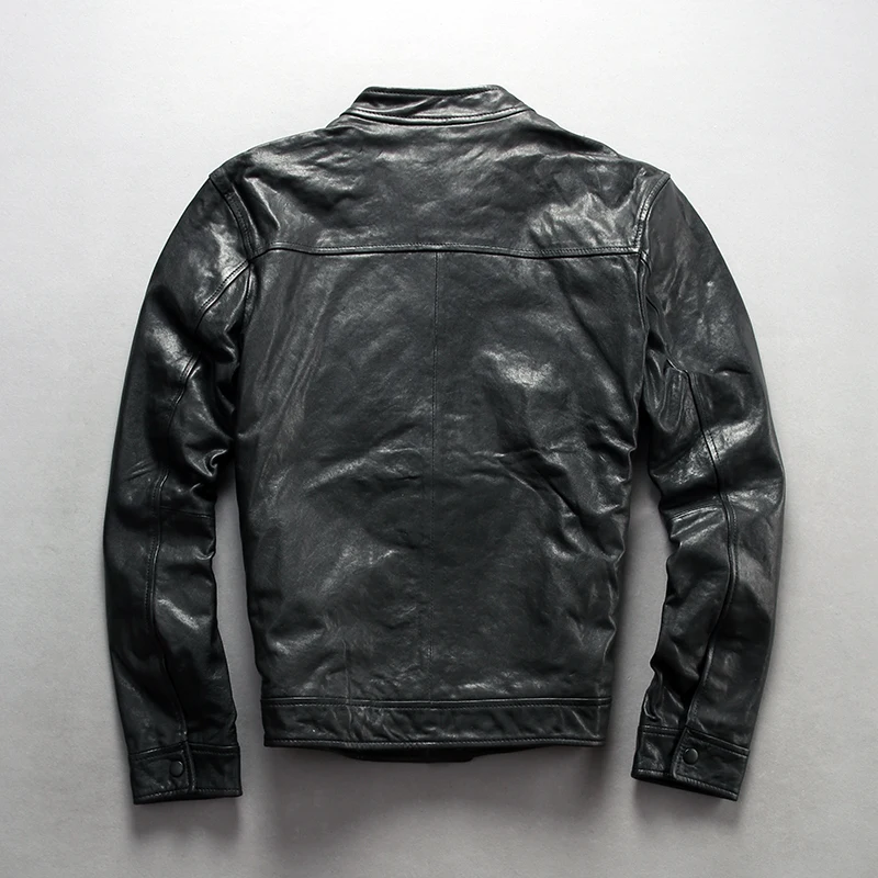 

casual Men's slim fit genuine jacket black leather coat men sheepskin stand neck motorcycle biker jackets