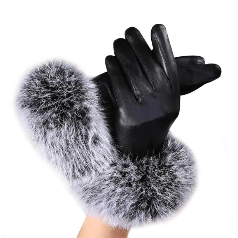 

Women's Gloves Lady Black Leather Winter Gloves Autumn Winter Warm Rabbit Fur Womens Mittens guantes de invierno para mujer L916