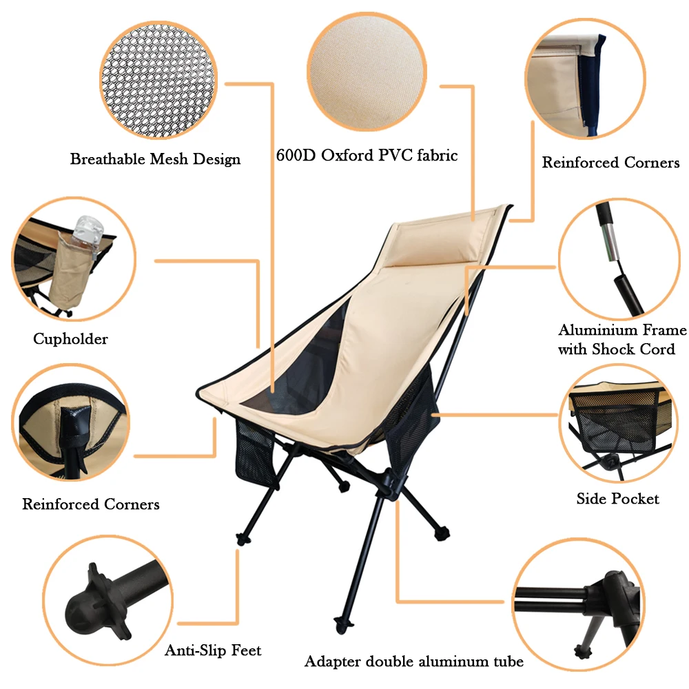 구매 야외 캠핑 의자 옥스포드 헝겊 휴대용 접는 좌석 낚시 축제 베개와 함께 바베큐 비치 의자 그물 가방