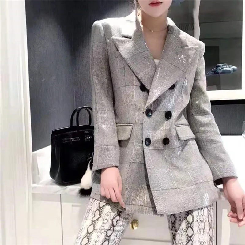 HarleyFashion/роскошный дизайн; женские шикарные вечерние блейзеры; сезон осень-весна; модные блейзеры в клетку с блестками; пальто