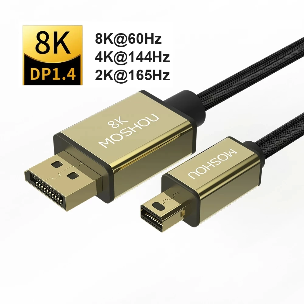 

Новинка 2022, кабели Moshou DP 1,4, разъем Displayport к Мини DP, поддержка 8K 60Hz 4K 144Hz/120Hz 2K 165Hz 32,4 Gbps HDR видеокабель