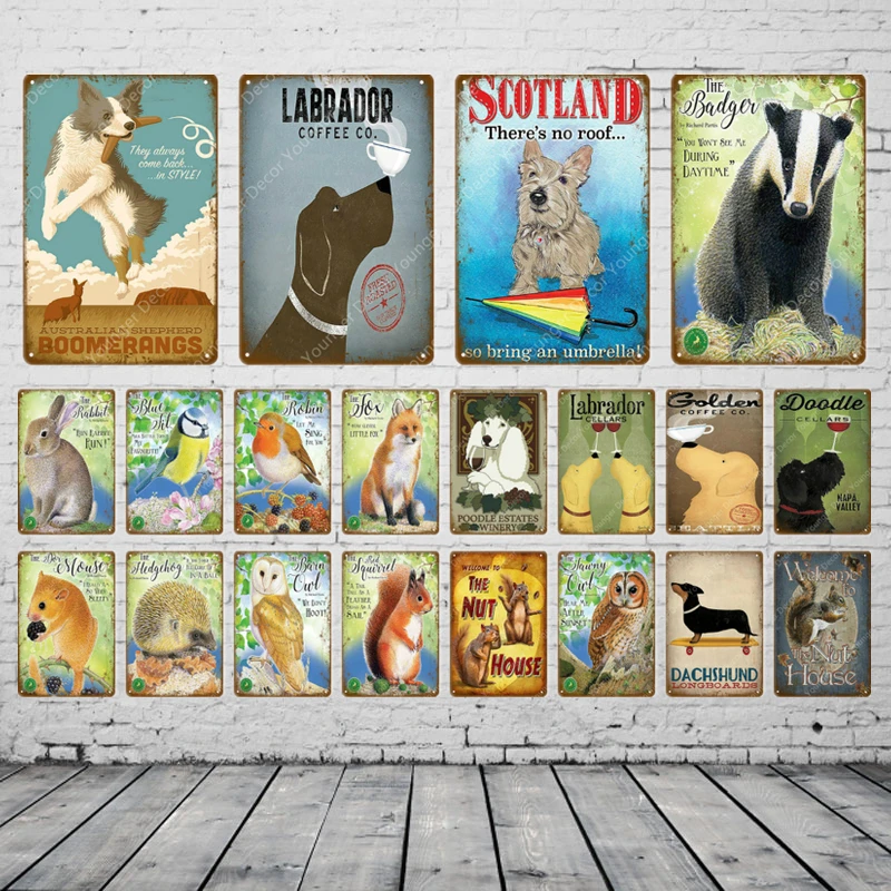 

Pets Animal Squirrel Dog Metal Signs Golden Labrador Tin Poster Home Decor Pub Bar Club Vintage Wall Art Painting Plaque