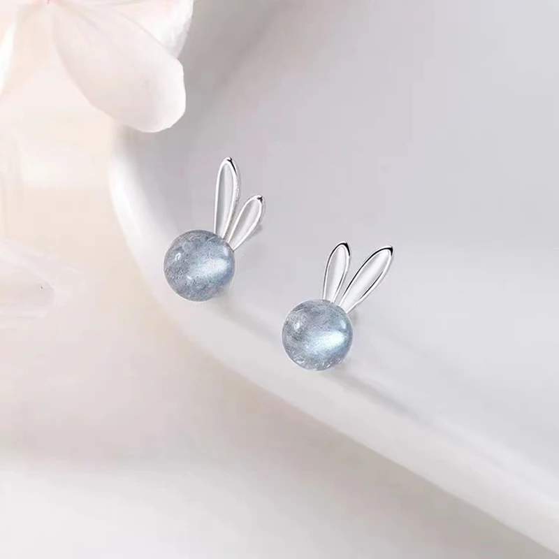 

Foydjew 925 Silver Stud Earrings Rabbit Ear Moonstone Female Earring Lucky Small Ear Jewelry For Women Girl Cute Christmas Gifts