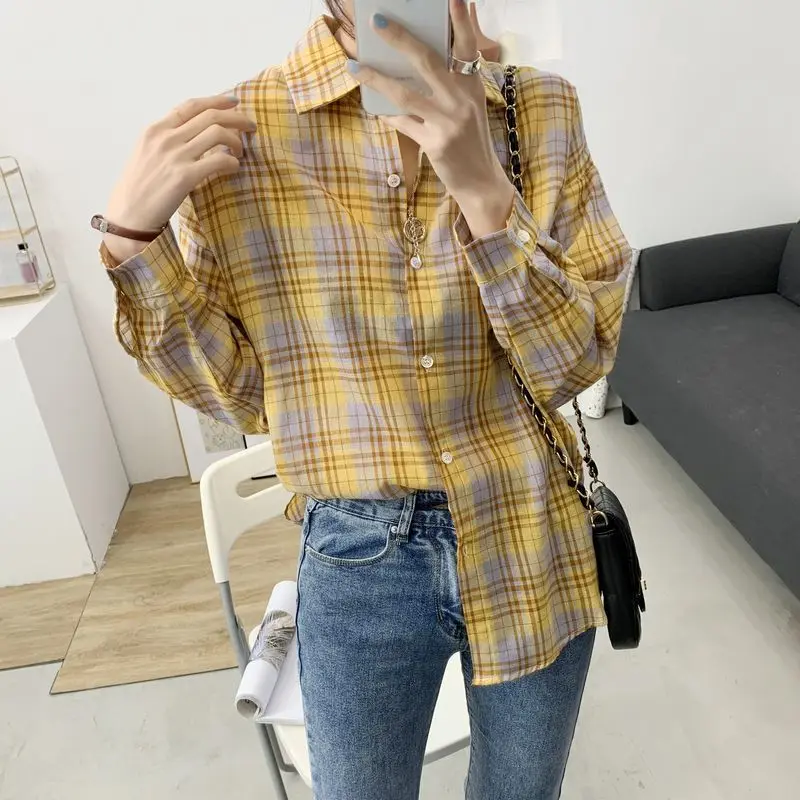 

Блузка женская летняя, тонкая, дышащая, с отложным воротником, в клетку