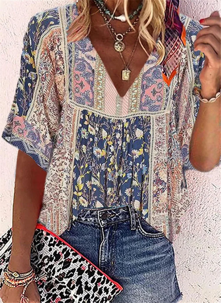 Женские футболки повседневные богемные глубокий v-образный вырез короткий рукав