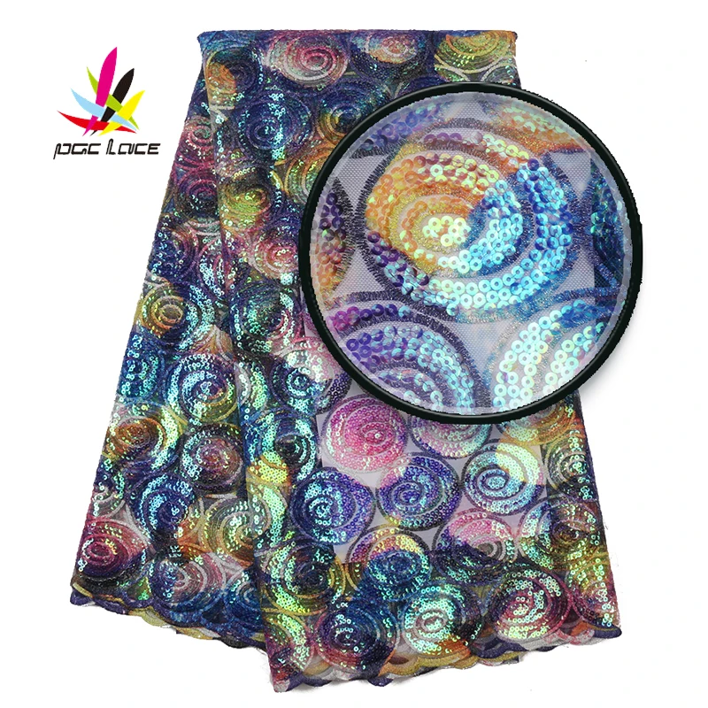 Вышитая разноцветная кружевная ткань с блестками в нигерийском стиле сетчатая