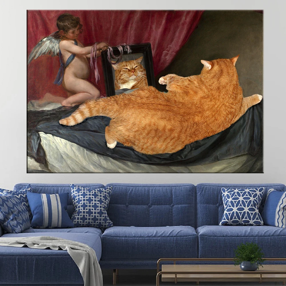 

Spoof Famous Painting Fat Cat Look In The Mirror Wall Little Angel Art Poster And Prints Picture For Living Room Home Decoration