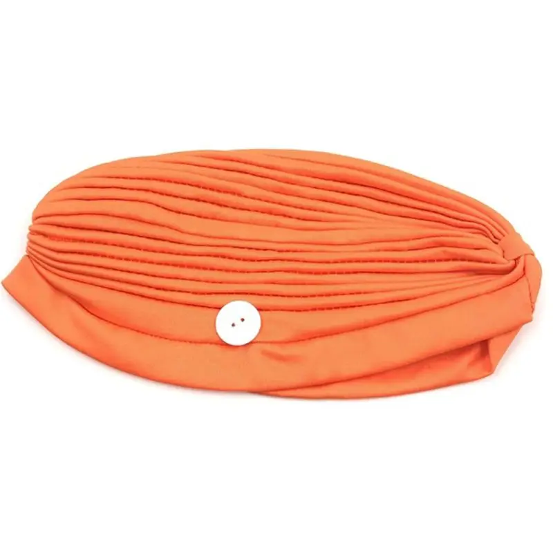 

Women Sport Fluorescent Solid Color Turban Hat Anti-Tight Earloop Button Face Mask Holder Pleated Knot India Bandana Cap