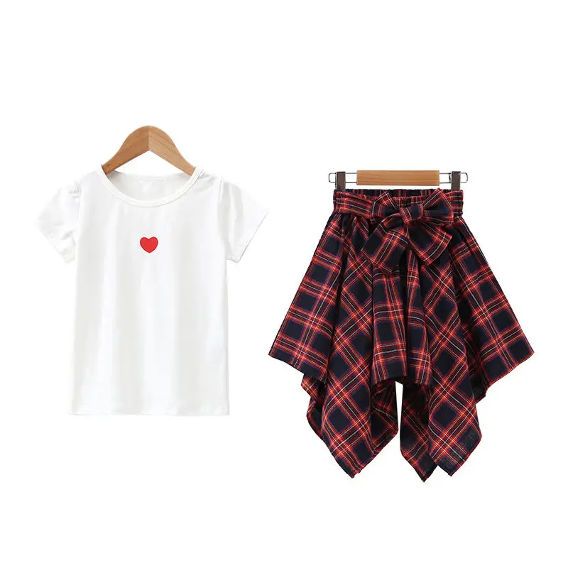 

Casual Girls set New Summer Kids Clothes outfits Fashion plaid Cute Girl skirts + t-shirt 2 pcs clothes set 6 8 10 12 years