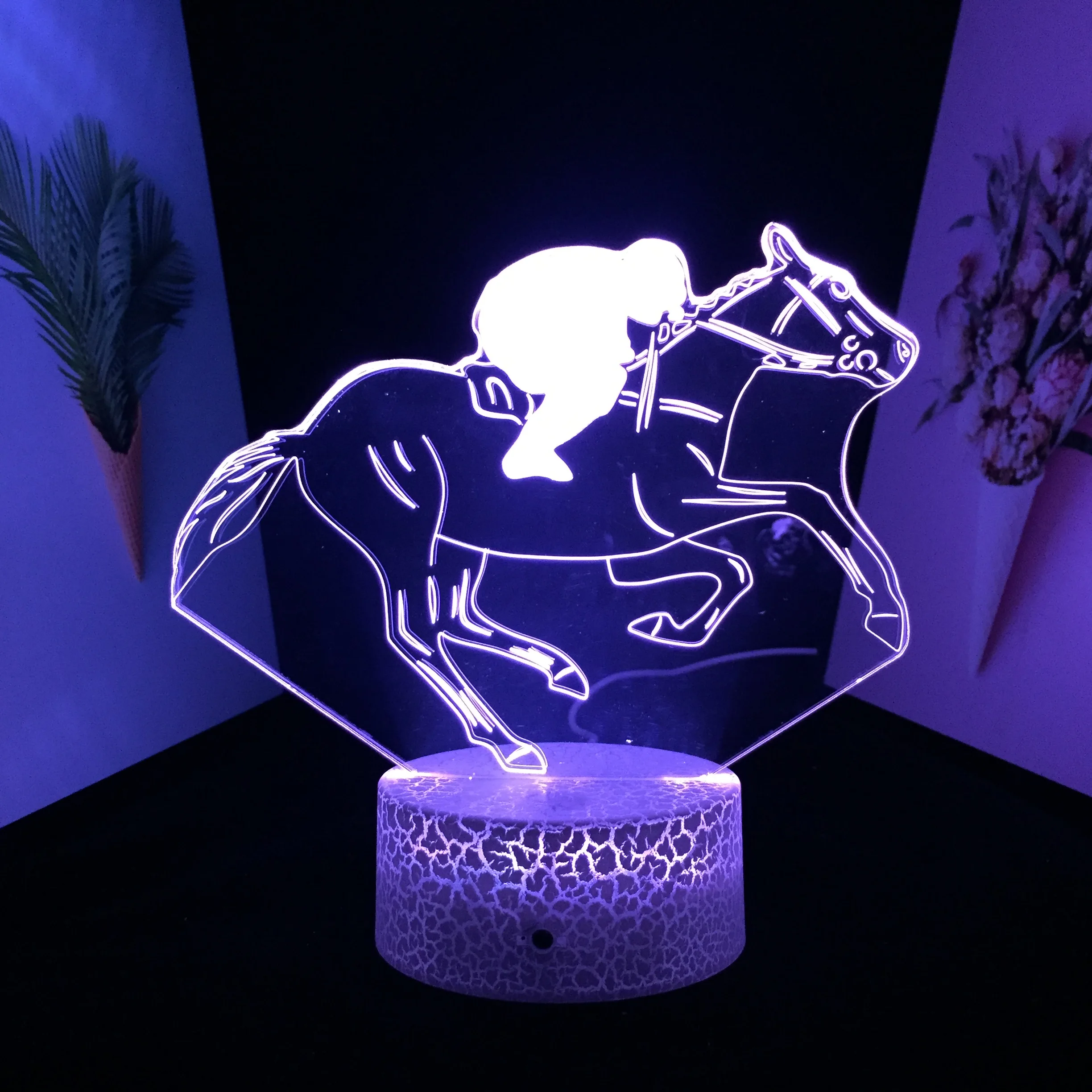 

Animal Series A Man Riding A Horse Galloping 3D LED Lamp White Cracked Base 7 Color Changes With Remote Control for Home Decor