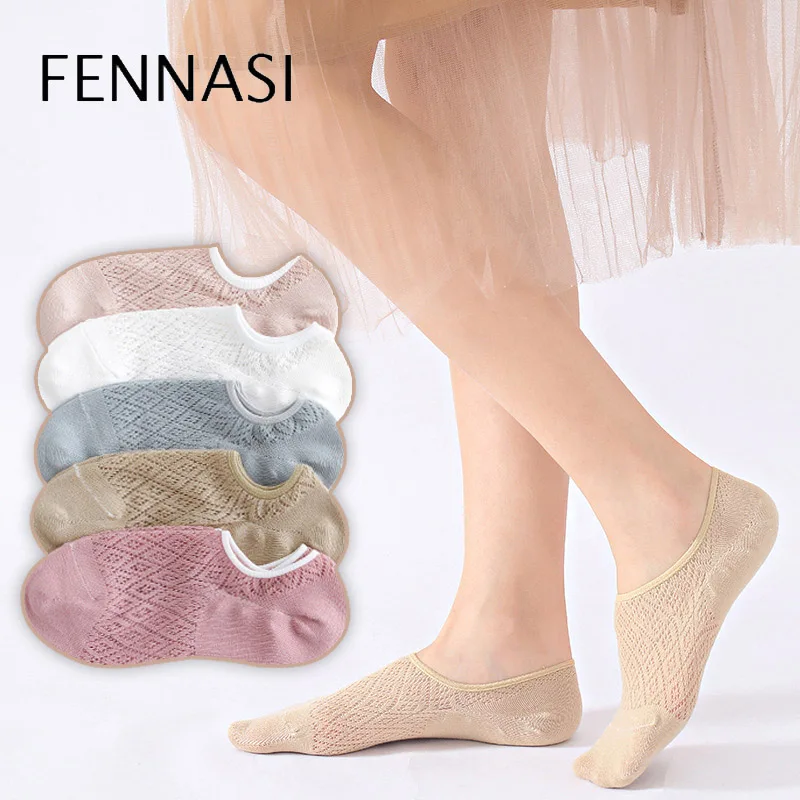 

FENNASI 5 Pairs New Combed Cotton Mesh Invisible Socks Cute Solid Color Shallow Mouth Socks Soft Thin Breathable Summer Socks