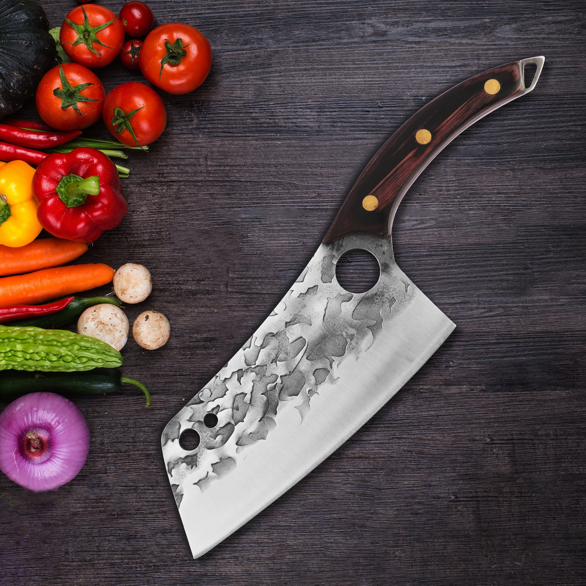 

New Full Tang 7 Inch Kitchen Cleaver Knife Stainless Steel Forged Hammered Wide Blade Vegetable Knife Meat Tool With Wood Handle