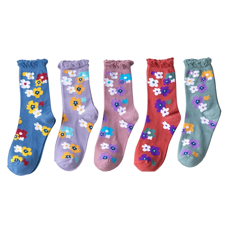 5 пар в партии милые забавные женские носки цветы жаккард для осень зима