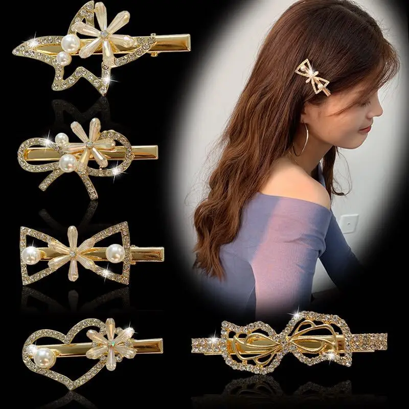 

WYINYA Ladies elegant alloy material hairpin crystal flower duckbill clip diamond pearl hairpin side clip bangs clip
