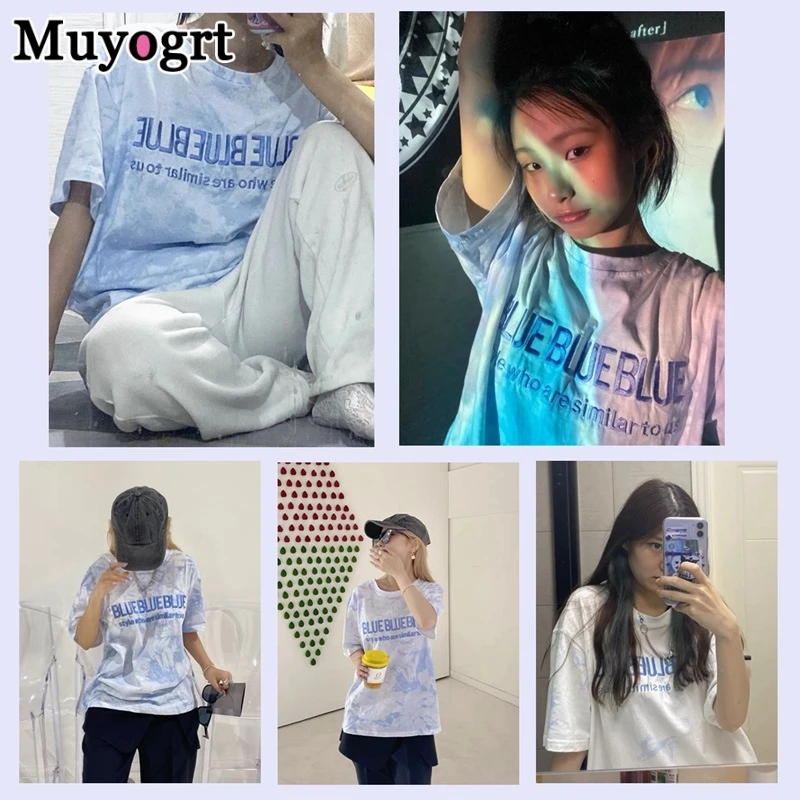 

Muyogrt Short Sleeve T-shirts Couple Letter Embroidery Tie Dye Oversize Hip Hop Loose Korean Style All-match Men Women Tee Tops