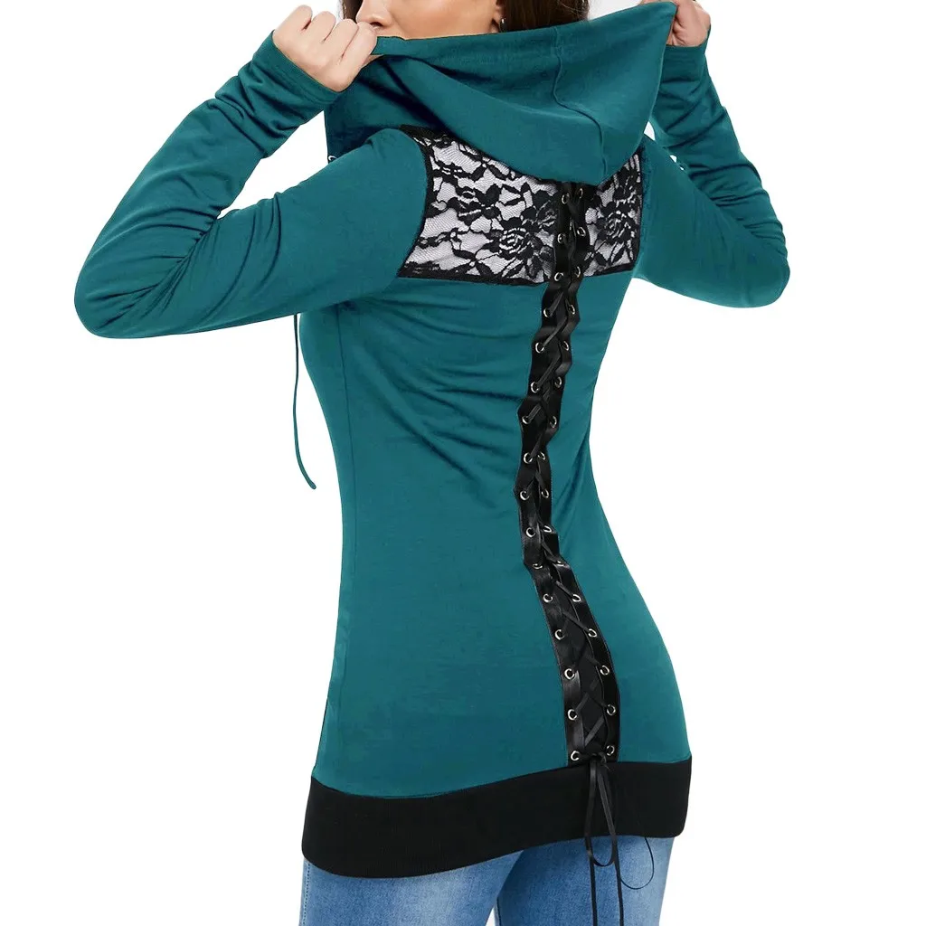 Women Bandage Long Sleeve Casual Lace Up Back Zip Up Hoodie Sweatshirt Streetwear Women Oversized Hoodies Moletom Feminino