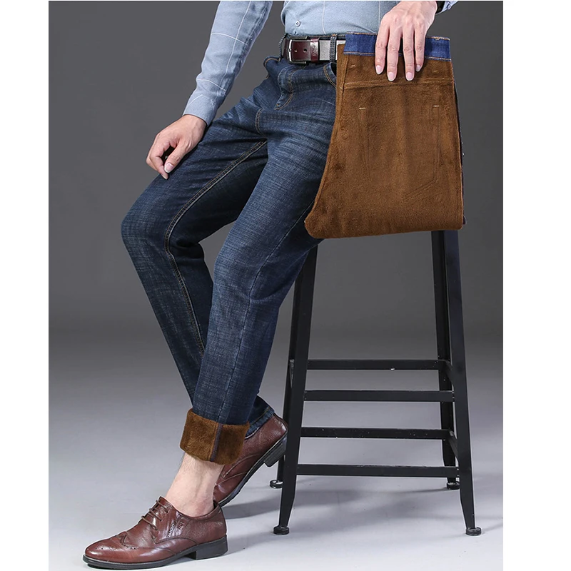 Зимние мужские джинсы 2019 зимние теплые фланелевые Стрейчевые для мужчин прямые