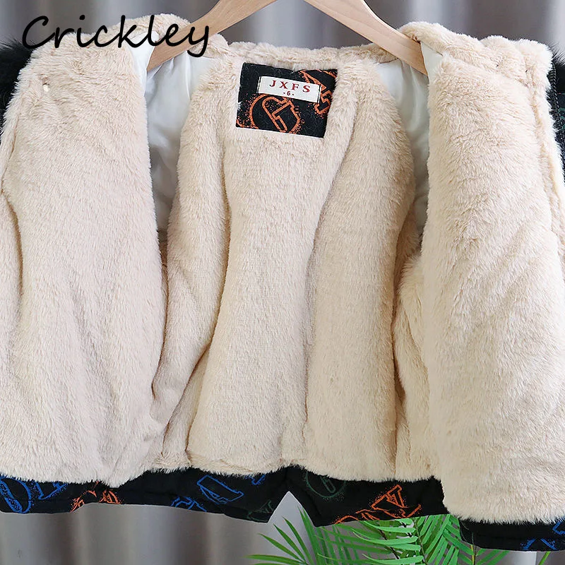 

Winter Children Hooded Coat Plush Fur Letter Pattern Overcoat for Boys Girls Cotton Padded Thick Warm Outdoor Kids Parka Clothes