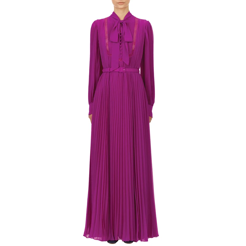 High Sense of Purple Pleated Dress Was Thin and High Temperament and Ankle Long Skirt Elegant Intellectual Lace Up Fairy Skirt