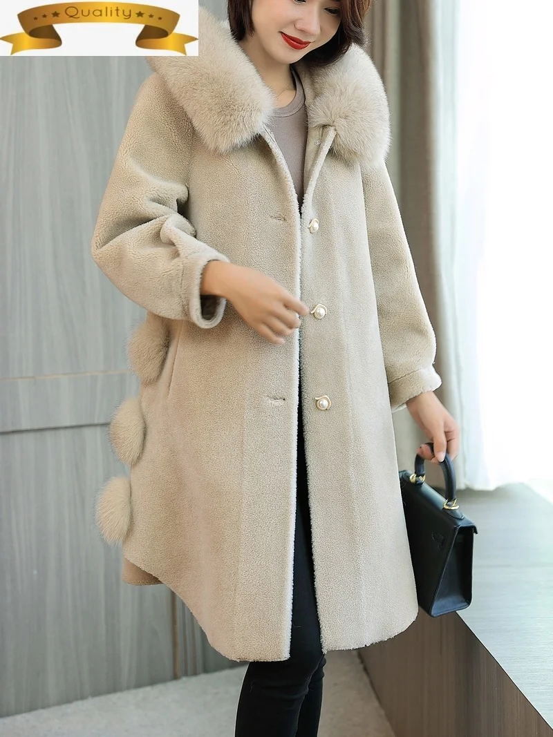 

Женское длинное пальто с капюшоном, куртка из 100%-ной шерсти с воротником из лисьего меха и капюшоном, 2021 овчины, зима 1118