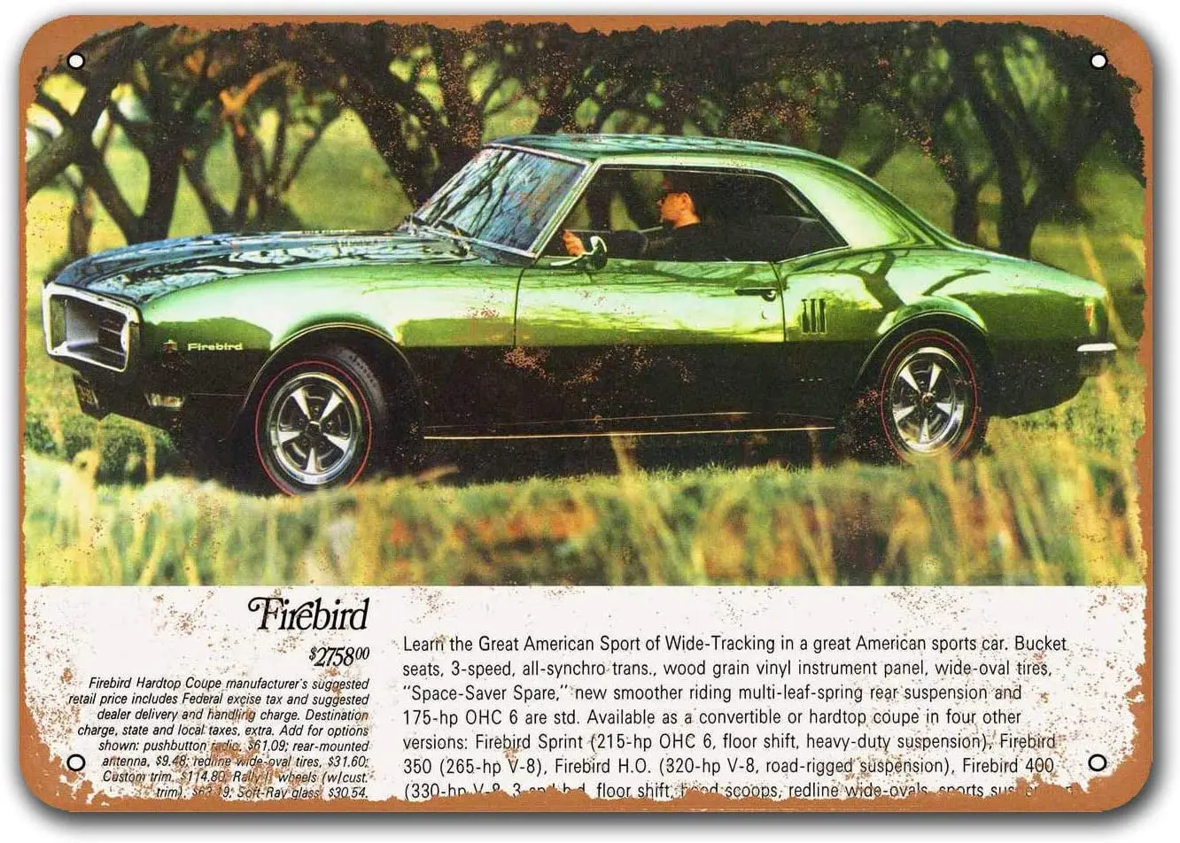 

1968 Pontiac Firebird 400 винтажные автомобильные оловянные знаки, металлические таблички Sisoso, плакаты, мужские фотообои, Ретро Декор стен 12x8 дюймов