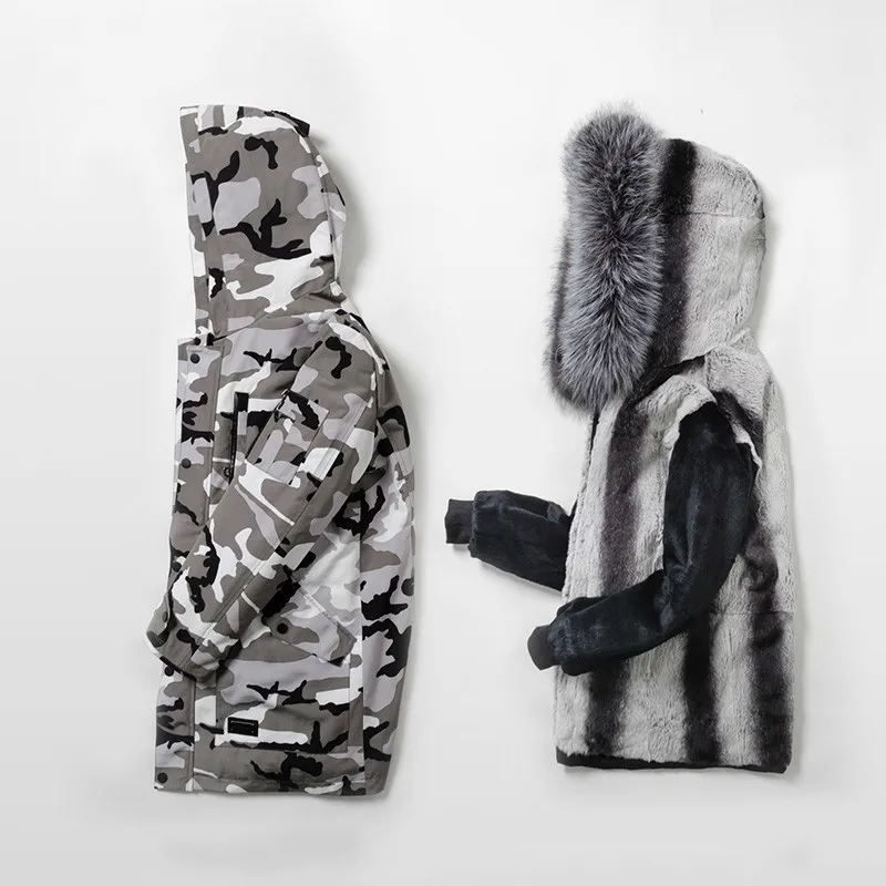 Парка меховая мужская зимняя куртка шуба из кролика рекс для мужчин камуфляжные