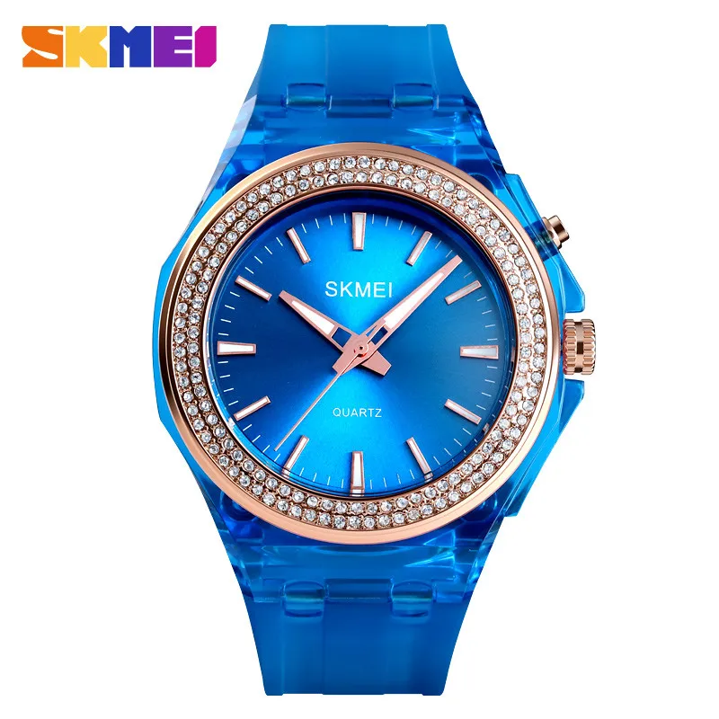 blue SKMEI кварцевый Для женщин часы модные креативные горный хрусталь инкрустированные часы светодиодный свет прозрачный чехол с ремешком женские кварцевые часы женские часы - Цвет: blue