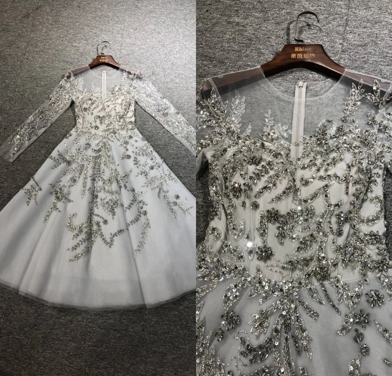 

ZuhairMurad 100% реальные фотографии серые тяжелые бусины Длинные рукава до колена Вечеринка Выпускной женское танцевальное платье вечерние плат...