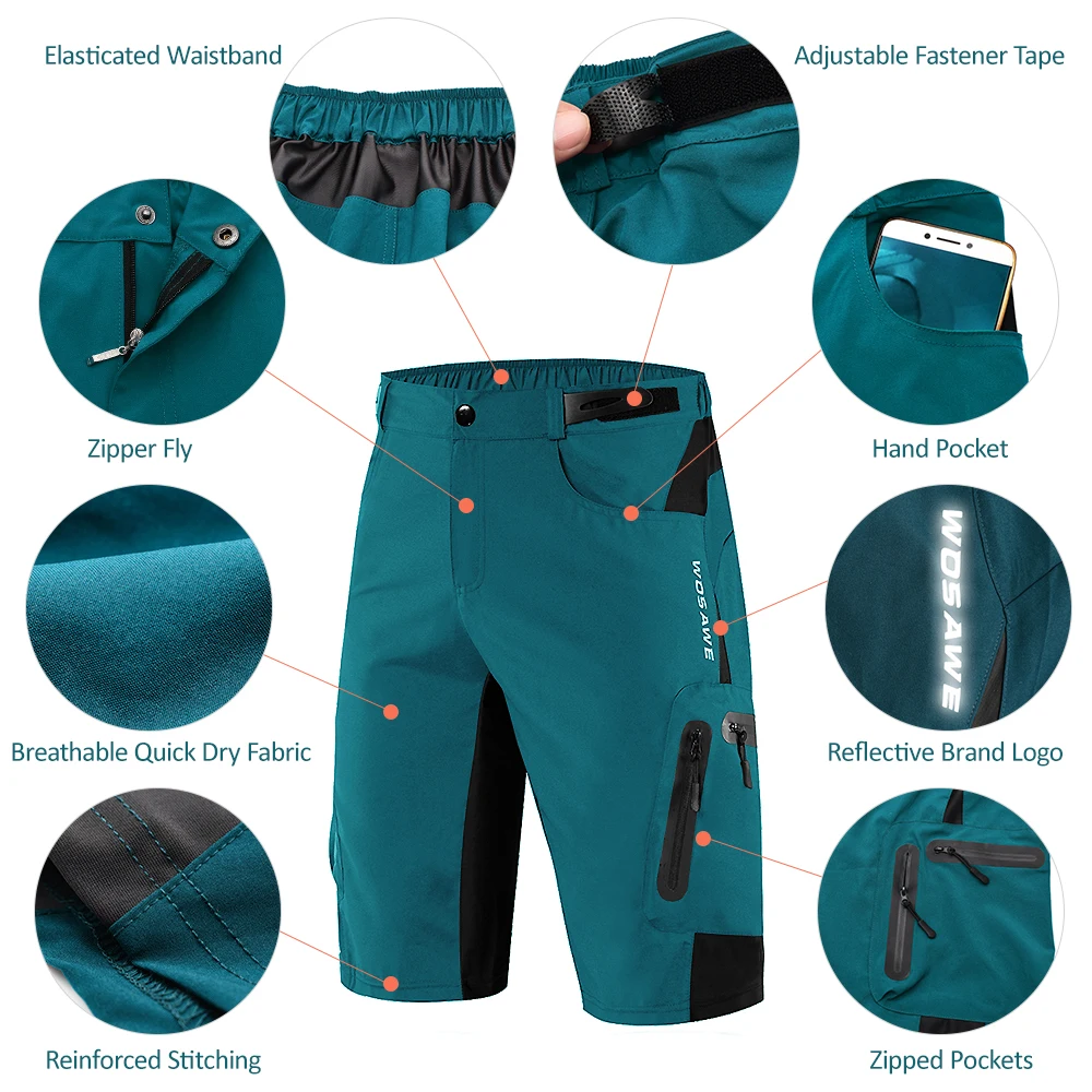 WOSAWE Мужские Мягкие мешковатые велосипедные шорты Светоотражающие MTB горный