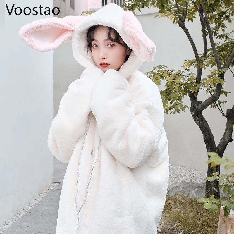 

Теплая куртка в японском стиле Лолита, осенне-зимние женские плюшевые куртки с капюшоном и милыми кроличьими ушками, Весенняя верхняя одежд...