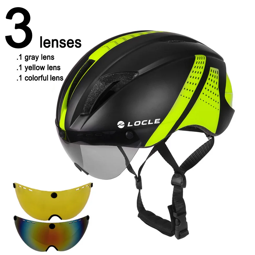 LOCLE, 3 линзы, Aero TT, для шоссейного велосипеда, велосипедные очки, шлем для велоспорта, защитный шлем для верховой езды, мужской, скоростной, пробный, шлем двойного назначения 280 г - Цвет: Black Green 3 Lenses