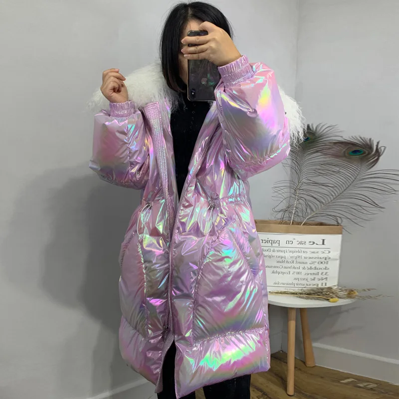 Женский пуховик с натуральным мехом Janveny водонепроницаемая блестящая