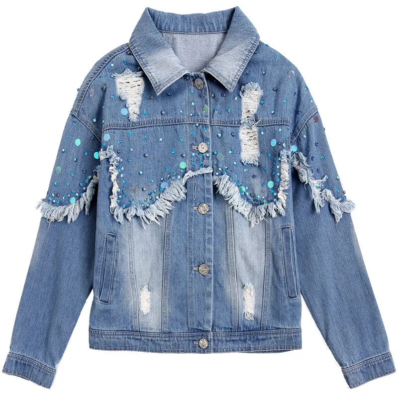 Женская джинсовая куртка-бомбер с длинным рукавом дырками | одежда