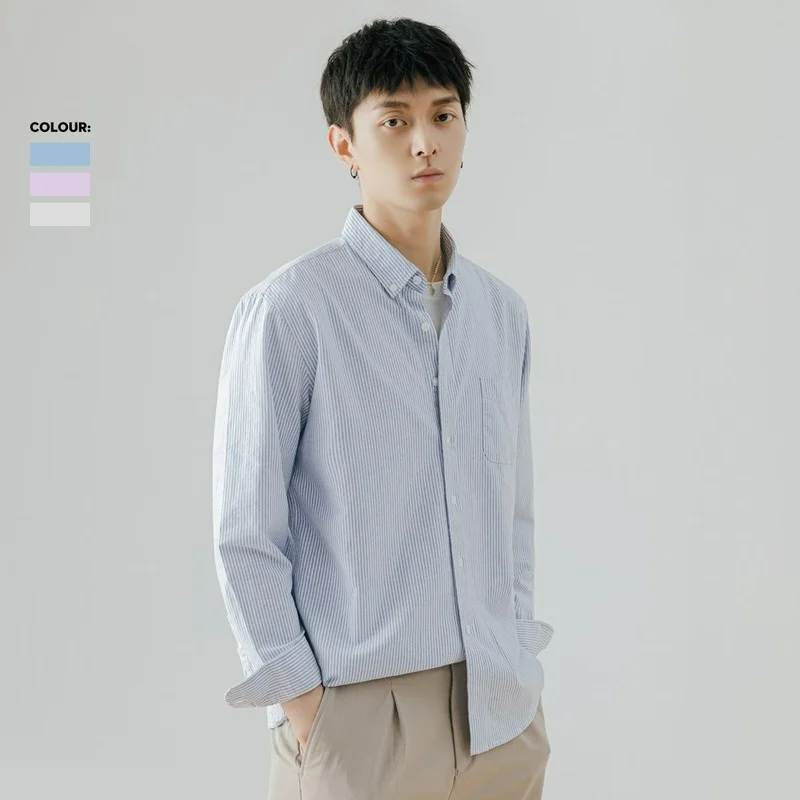 2021 весенне осенняя классическая синяя рубашка в полоску с длинными рукавами