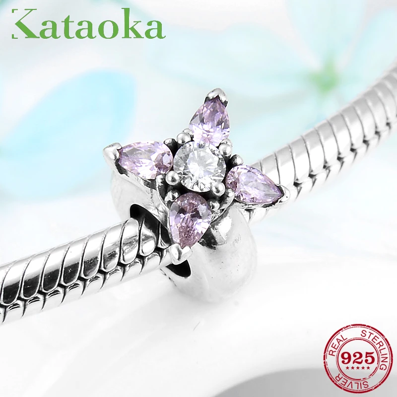 925 стерлингового серебра очаровательный цветок Розовый CZ Кристалл пробкой