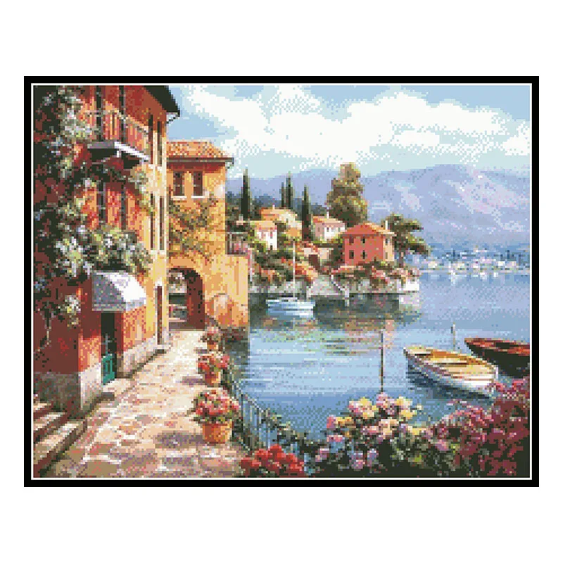 

Port Landscape Cross Stitch Patterns Kits Unprinted Canvas Scenery Embroidery Needlework Sets 11CT14CT Home Decorations Painting