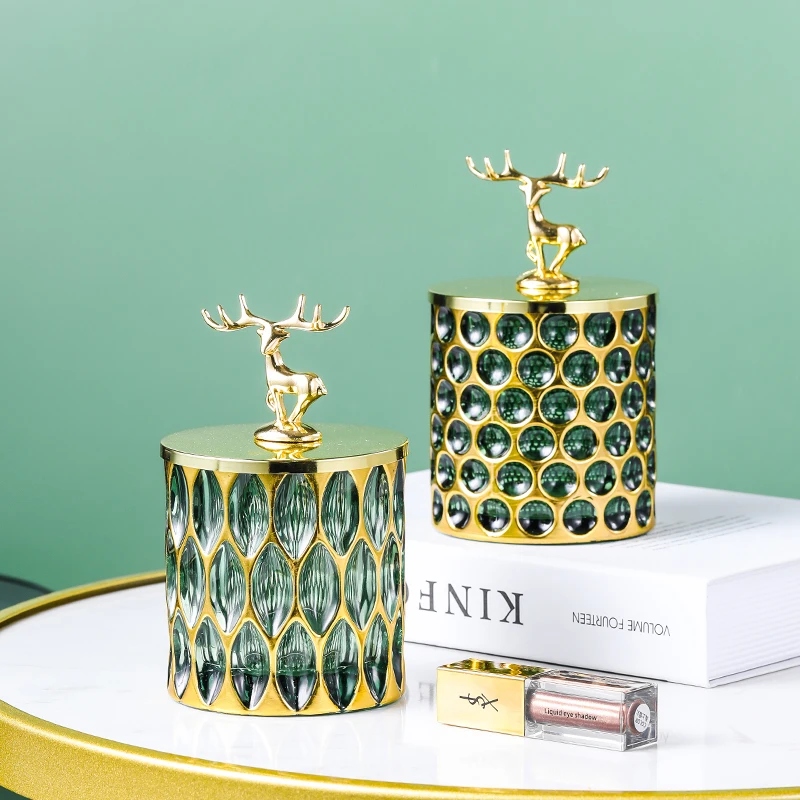 

Шкатулка для ювелирных изделий, стеклянная банка для хранения ватных тампонов с позолоченной крышкой в виде лося, банка для конфет, подарки ...